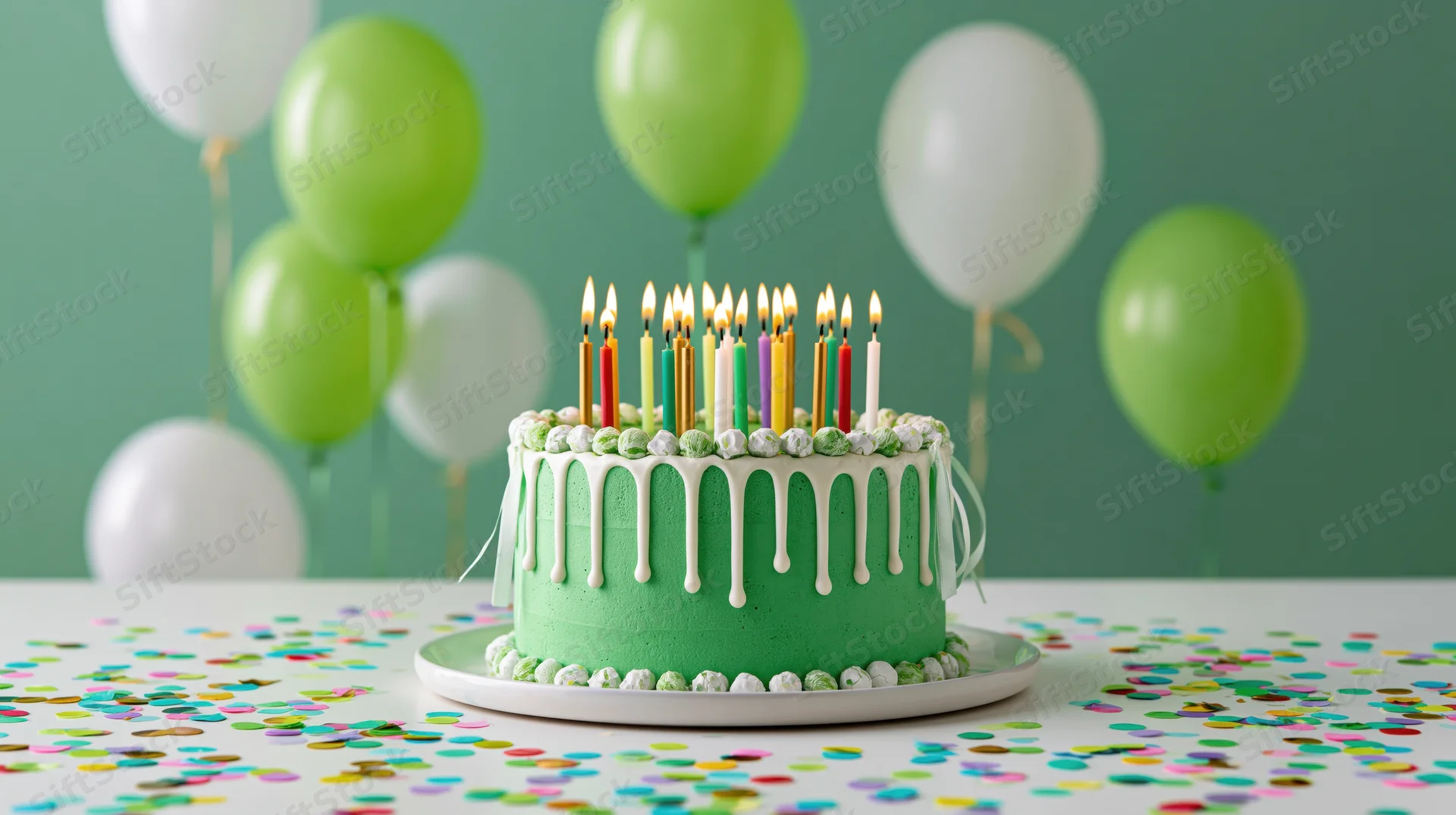 Green frosted birthday cake with lit multicolored candles on a table surrounded by balloons and confetti