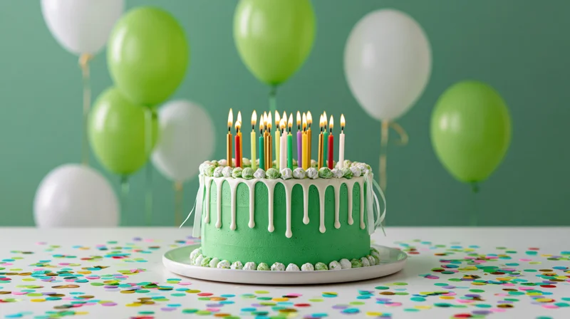 Green frosted birthday cake with lit multicolored candles on a table surrounded by balloons and confetti
