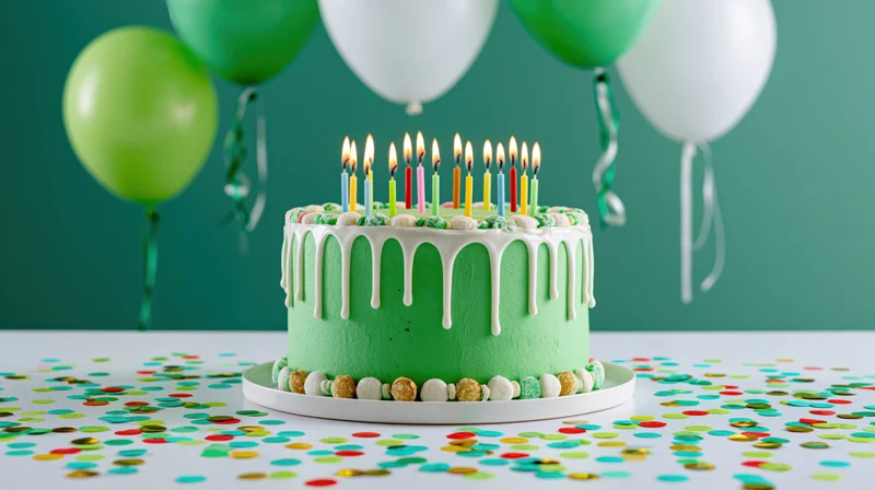 Green frosted birthday cake with lit candles and confetti on a table with balloons in the background