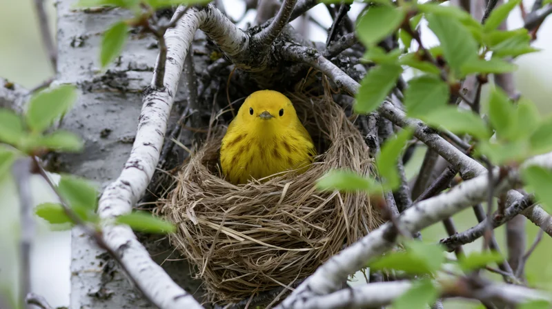 Bright yellow warbler perched in woven grass nest among birch branches and green leaves