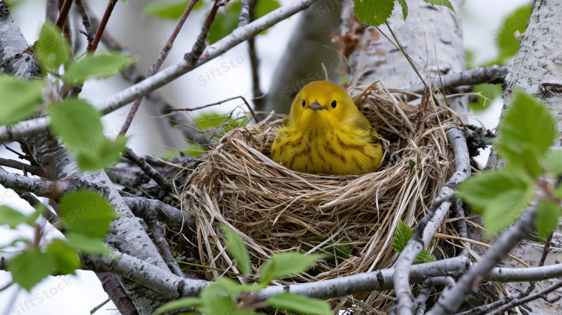 Bright yellow warbler perched in woven grass nest among tree branches and green leaves