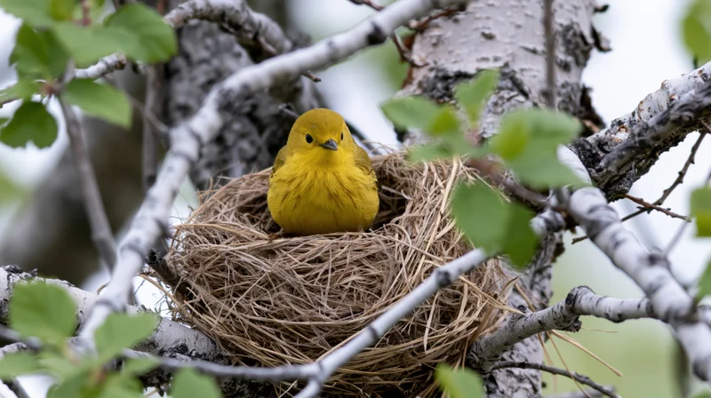 Bright yellow warbler sitting in woven grass nest nestled among birch branches and green leaves
