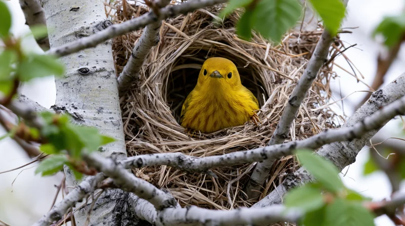 Bright yellow warbler perched inside woven grass nest among birch branches and green leaves