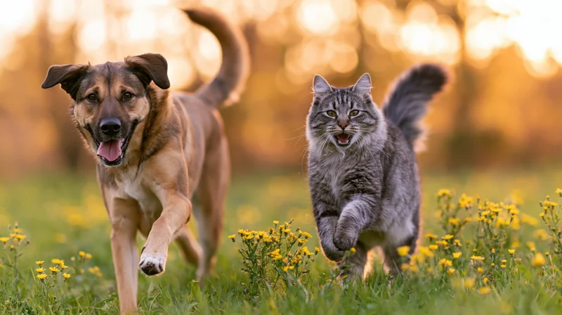 Dog and cat running together in a grassy field with yellow flowers at sunset