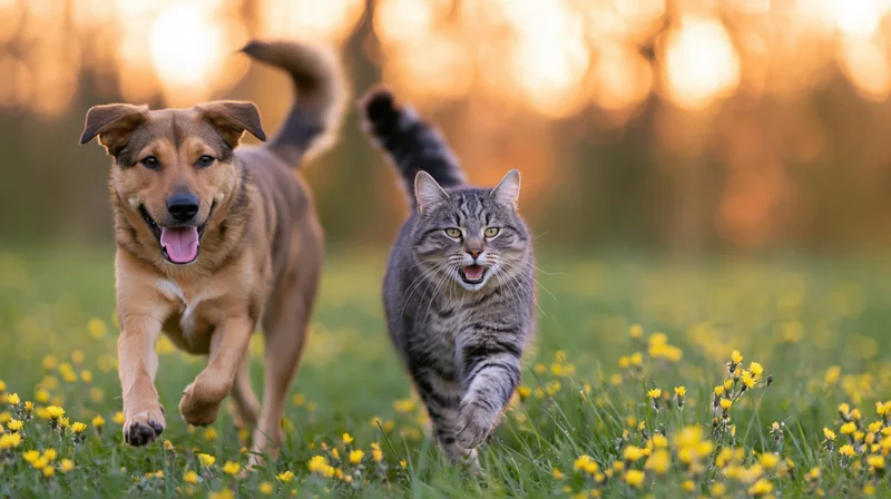 Dog and cat running together through a grassy field with yellow flowers at sunset