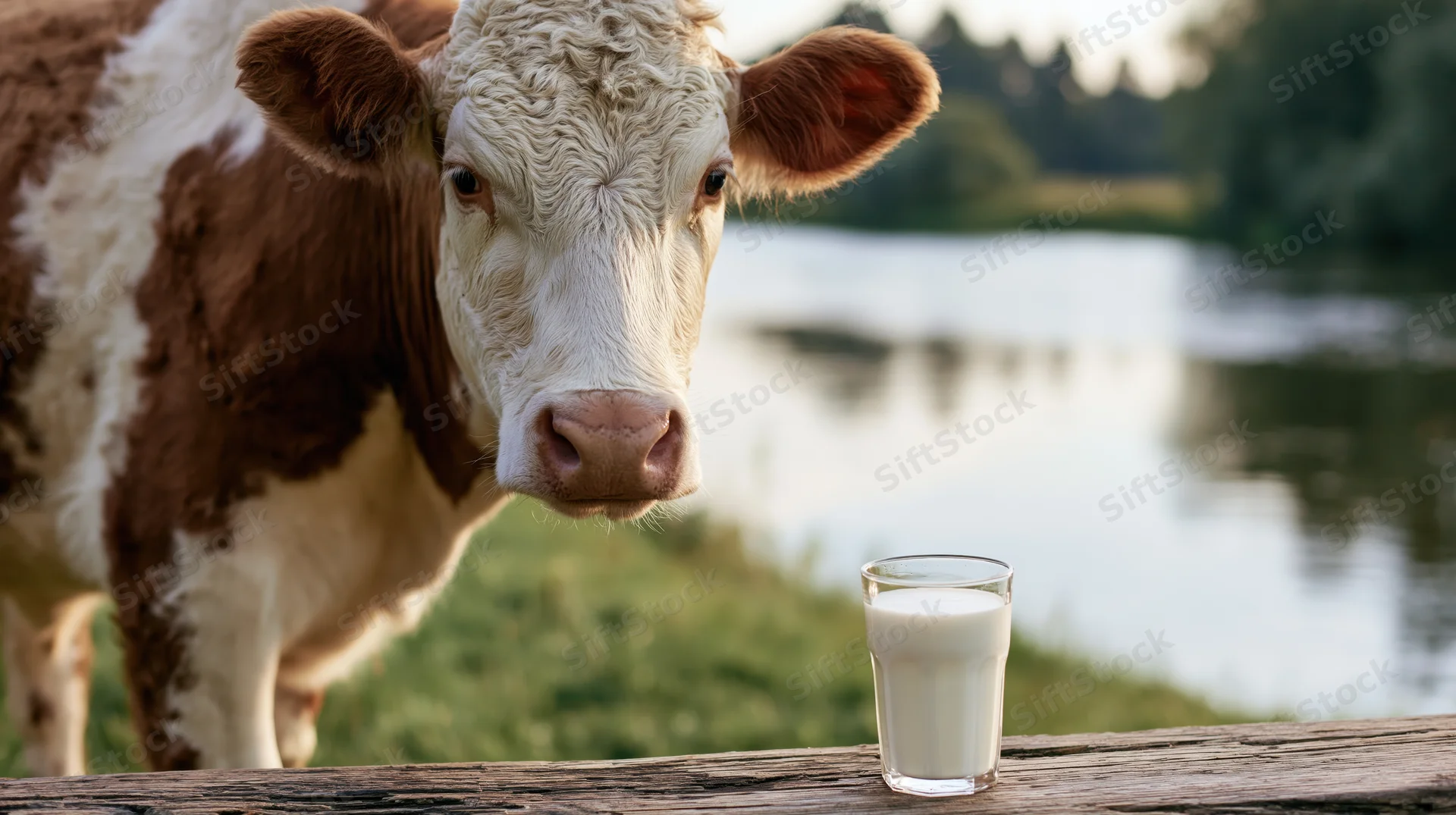 Hereford cow standing in pasture beside a glass of milk on a wooden fence near a river