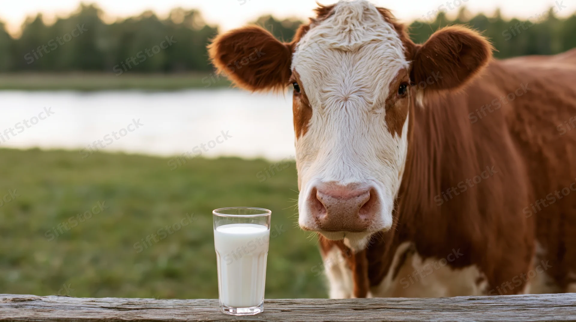 Hereford cow looking at camera beside a glass of milk on a wooden fence in a pasture