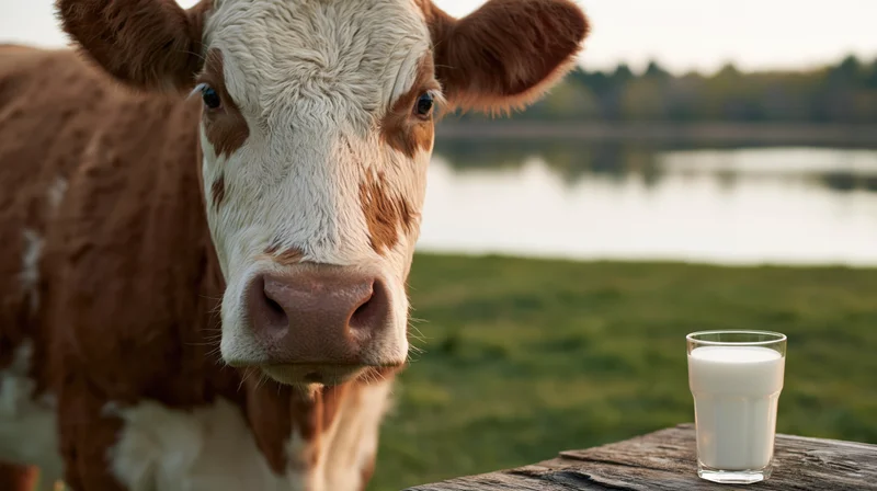 Hereford cow looking at camera beside a glass of milk on a wooden table in a grassy field near a lake