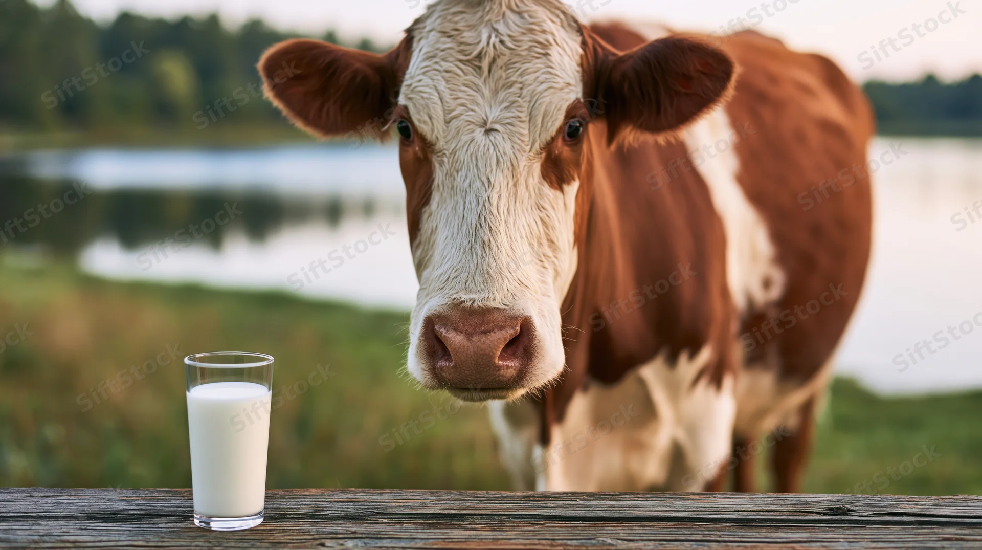 Hereford cow standing in pasture beside glass of milk on wooden fence near lake