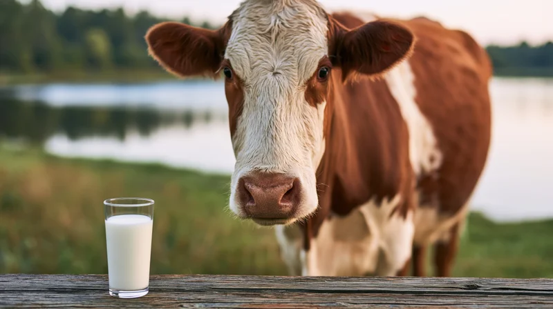Hereford cow standing in pasture beside glass of milk on wooden fence near lake