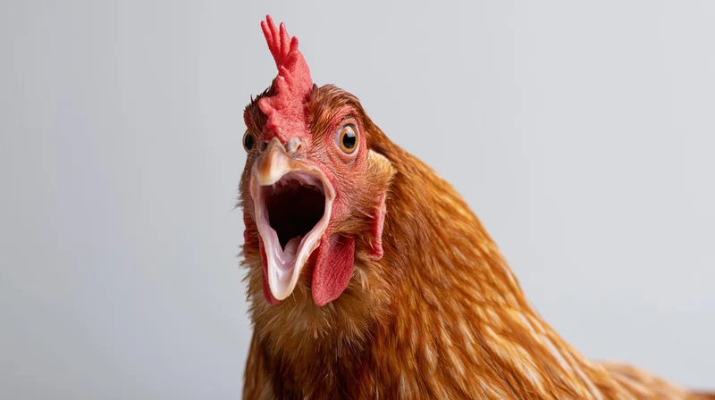 Brown hen with beak wide open in alarm against plain background