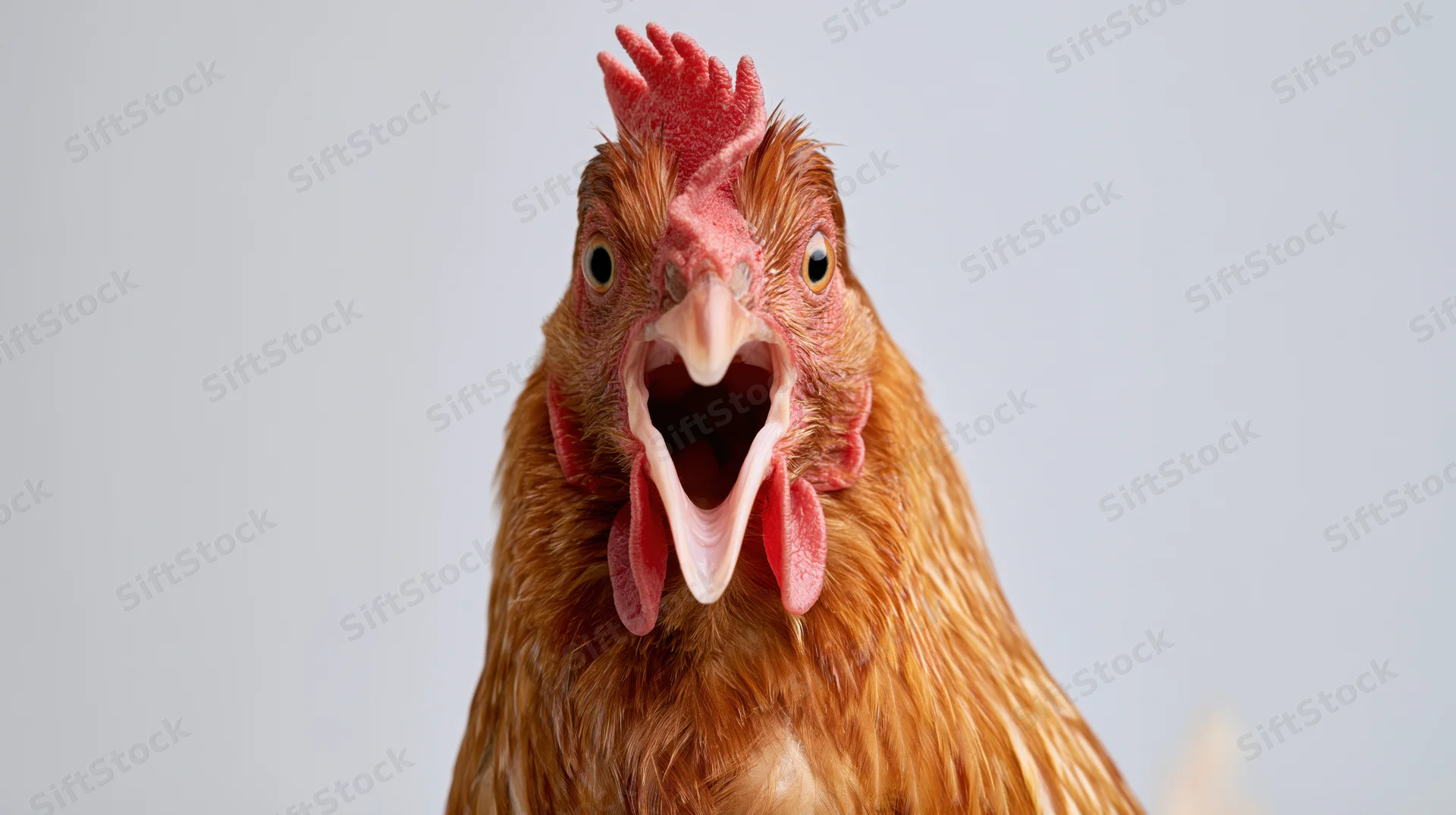Brown hen with wide-open beak and alert expression in studio portrait