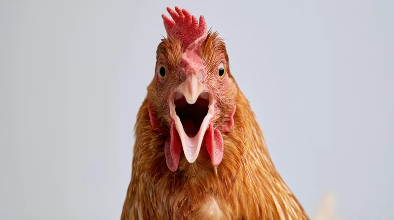 Brown hen with wide-open beak and alert expression in studio portrait