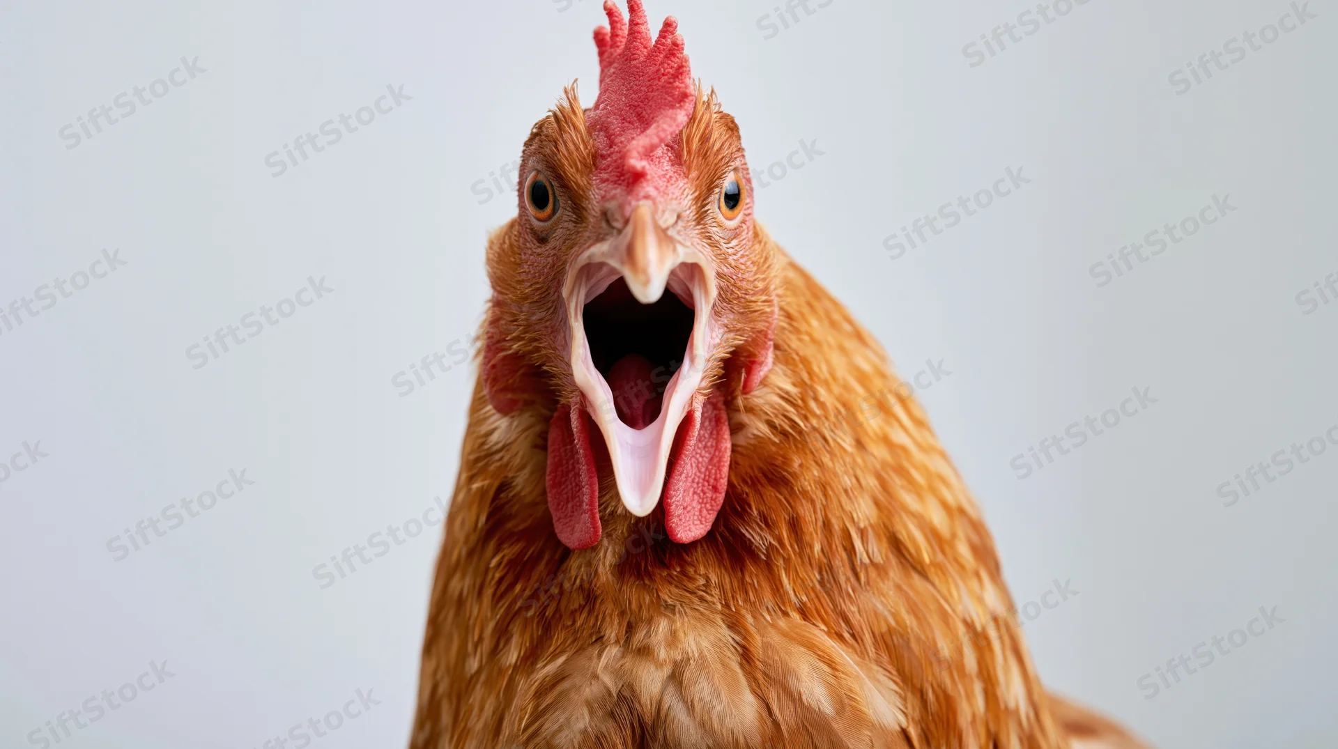 Brown hen with wide-open beak and alert expression in studio portrait