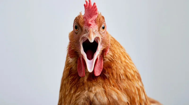Brown hen with wide-open beak and alert expression in studio portrait