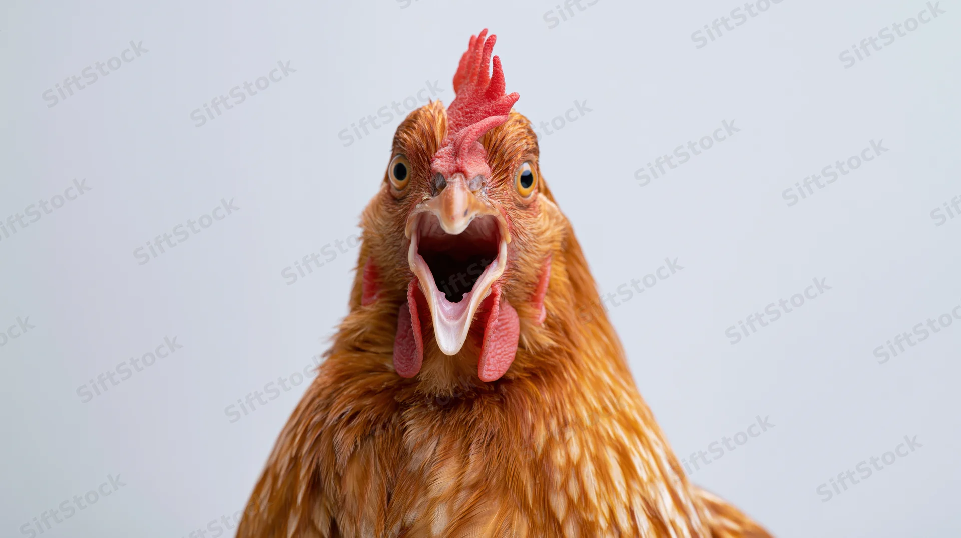 Brown hen with wide open beak and alarmed expression in studio portrait