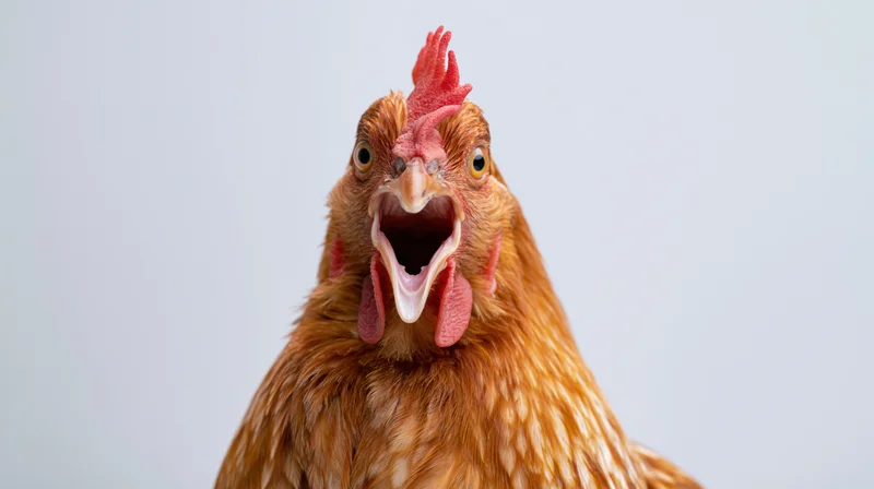Brown hen with wide open beak and alarmed expression in studio portrait