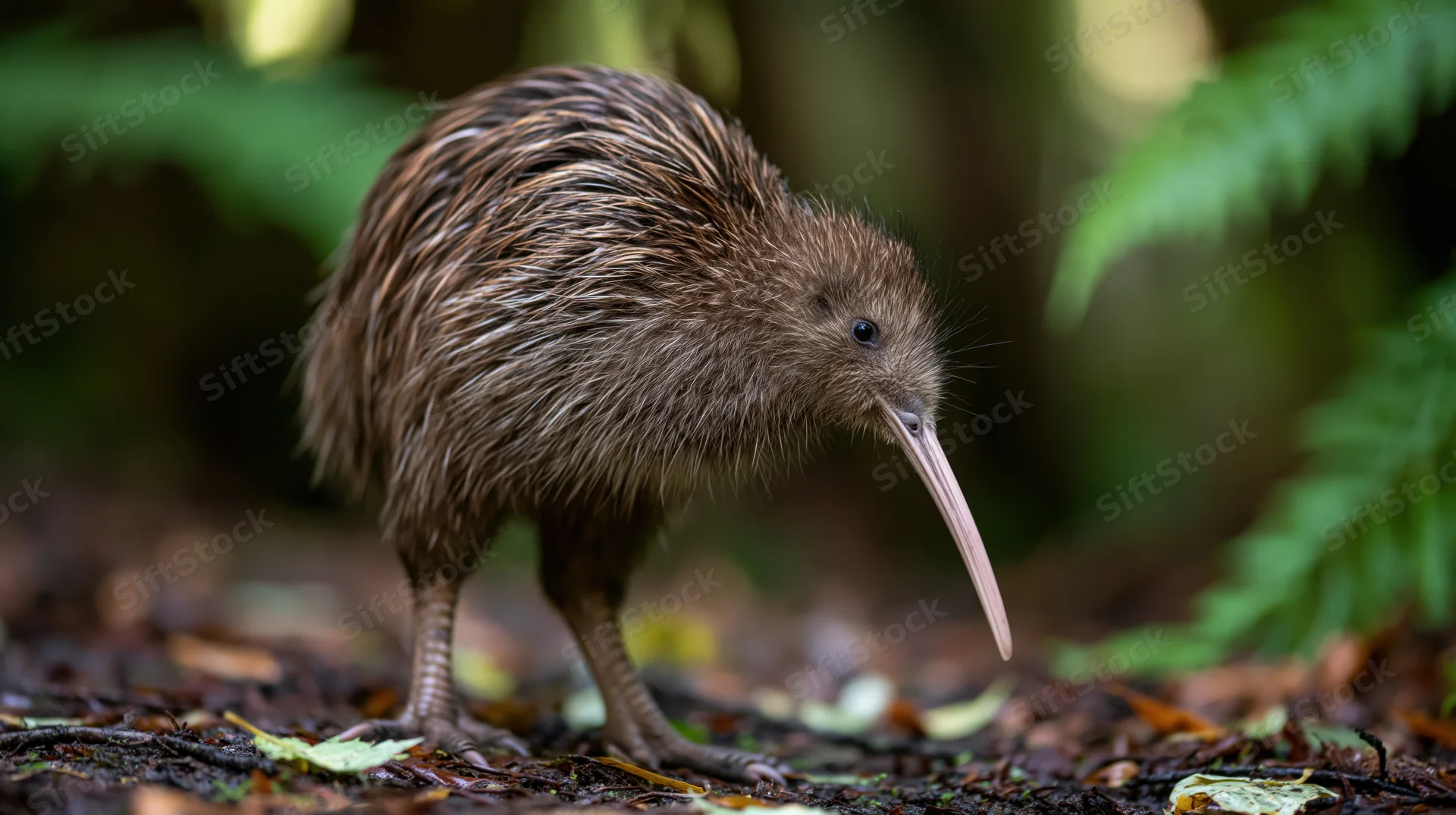 Brown kiwi bird standing on forest floor with beak angled down foraging among leaves and soil