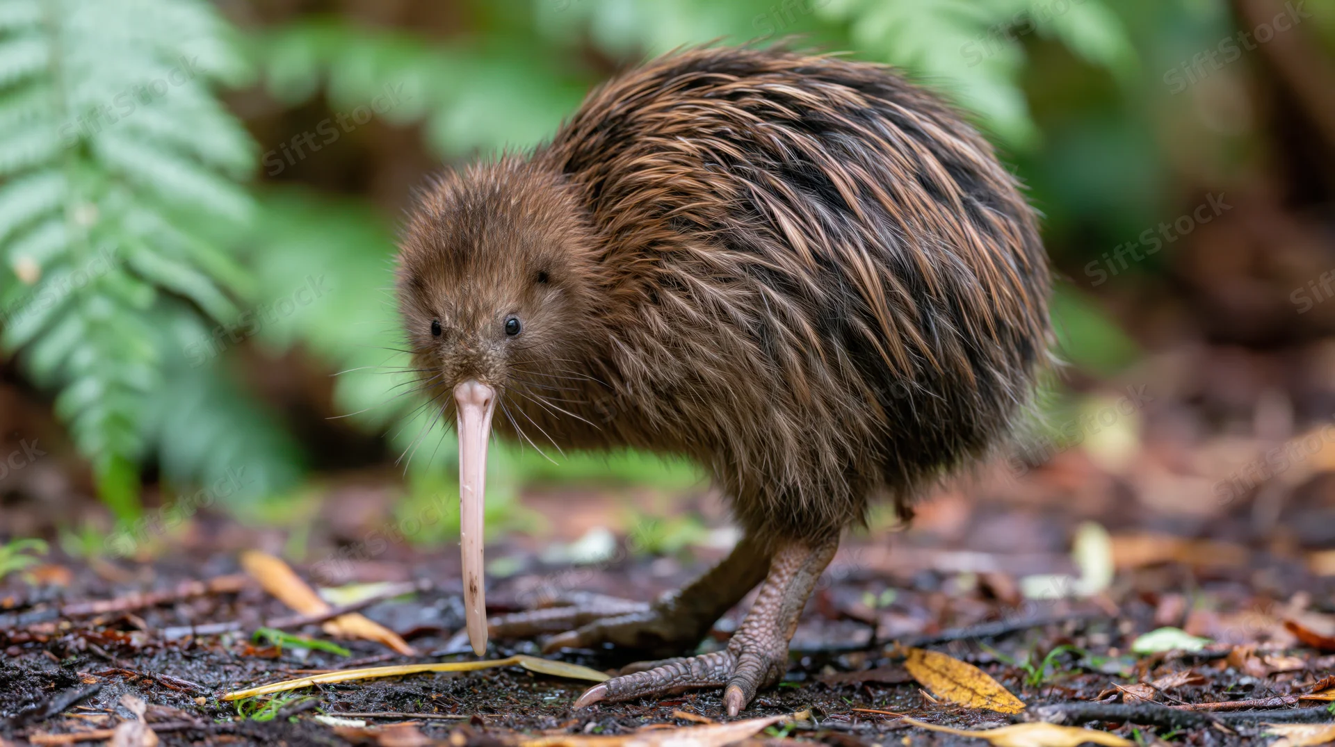 Brown kiwi bird foraging on forest floor with beak angled down among leaves and ferns