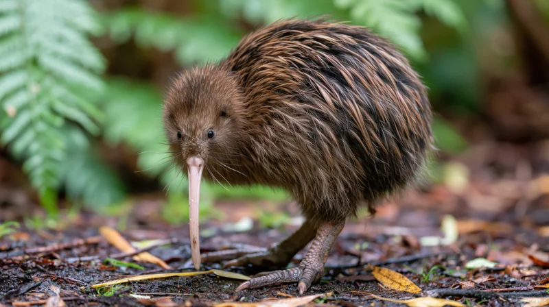 Brown kiwi bird foraging on forest floor with beak angled down among leaves and ferns