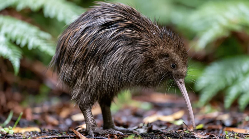 Brown kiwi bird with beak angled down foraging on forest floor