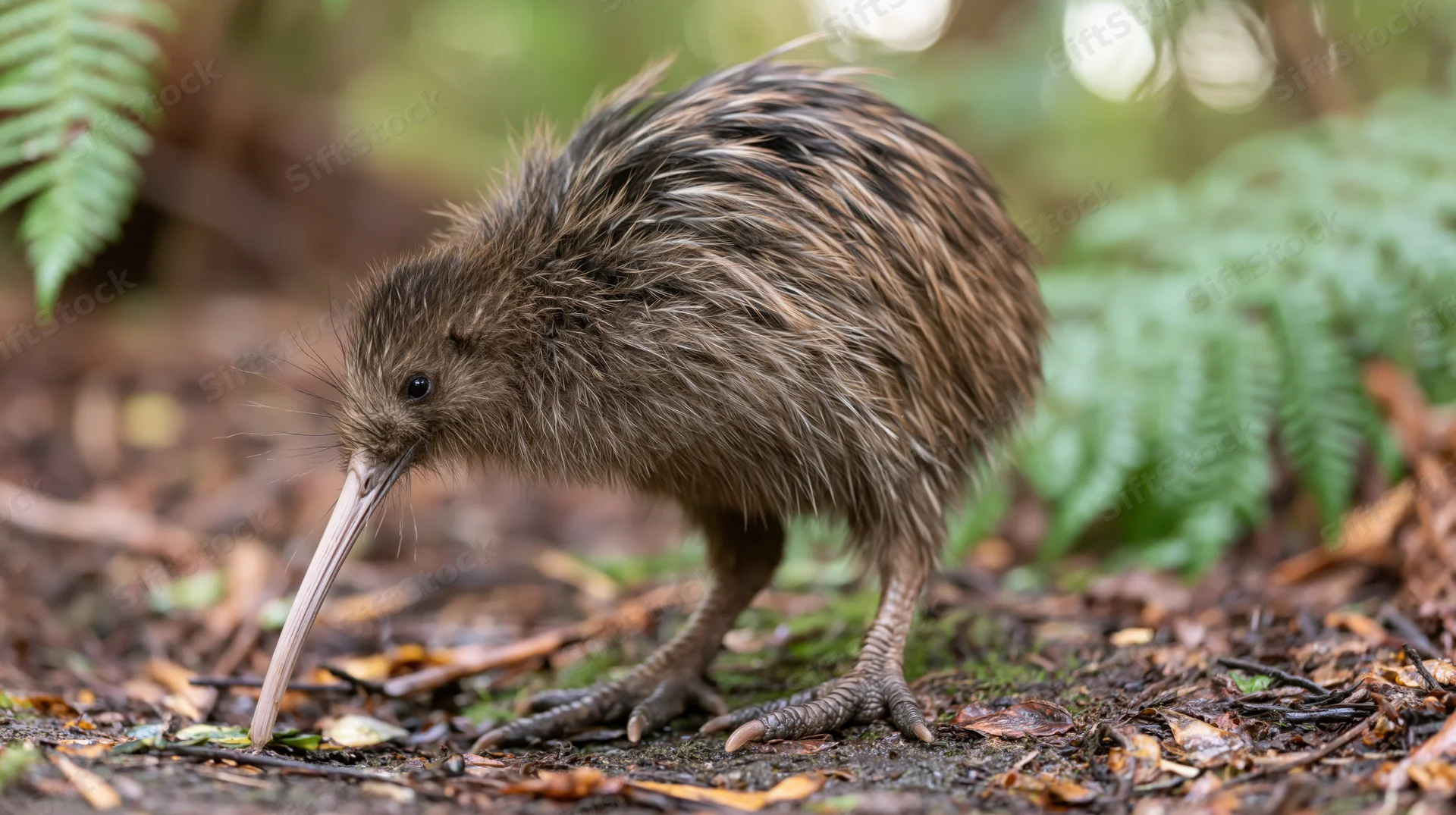 Kiwi bird foraging on forest floor with beak angled down