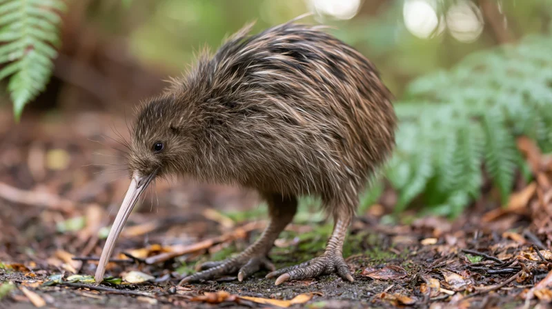 Kiwi bird foraging on forest floor with beak angled down
