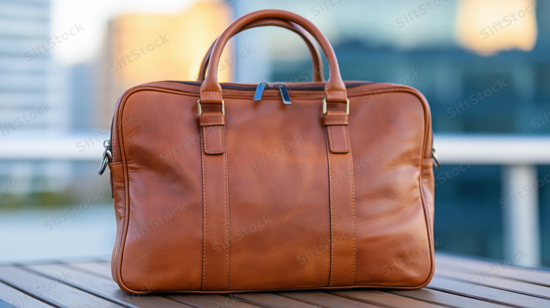 Brown leather briefcase sitting upright on wooden outdoor table with city skyline in background