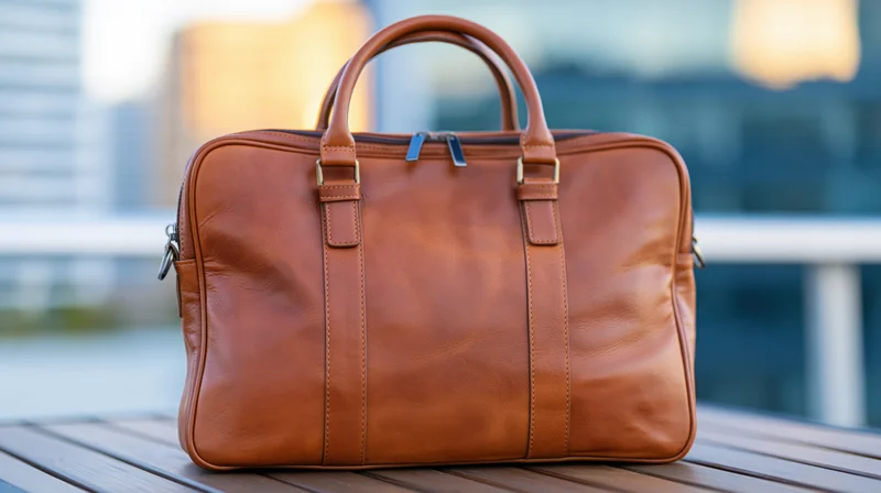 Brown leather briefcase sitting upright on wooden outdoor table with city skyline in background