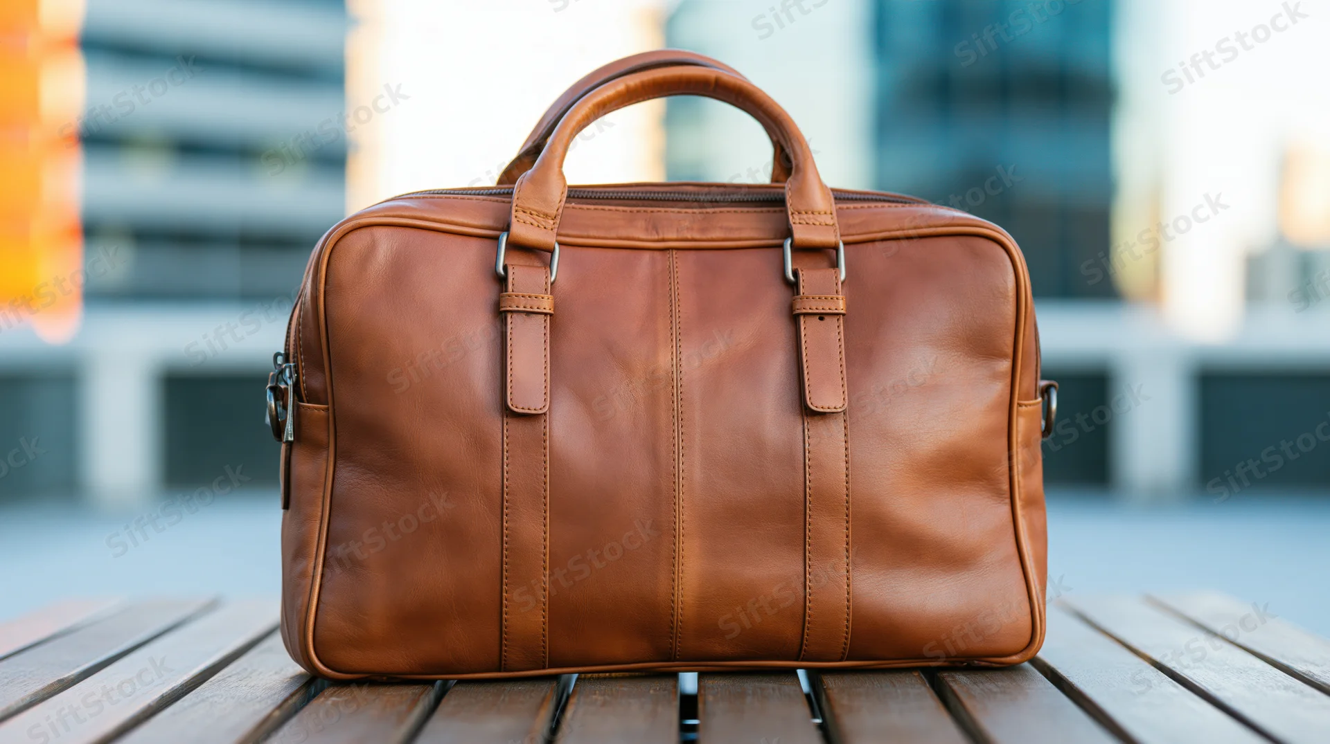 Brown leather briefcase sitting upright on wooden outdoor table