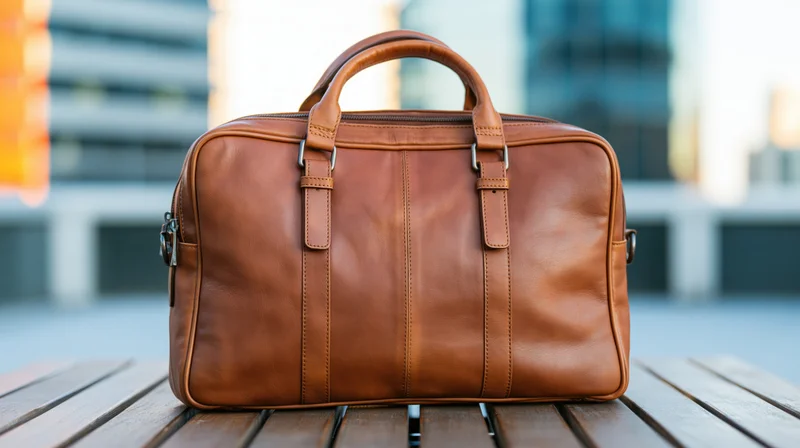 Brown leather briefcase sitting upright on wooden outdoor table