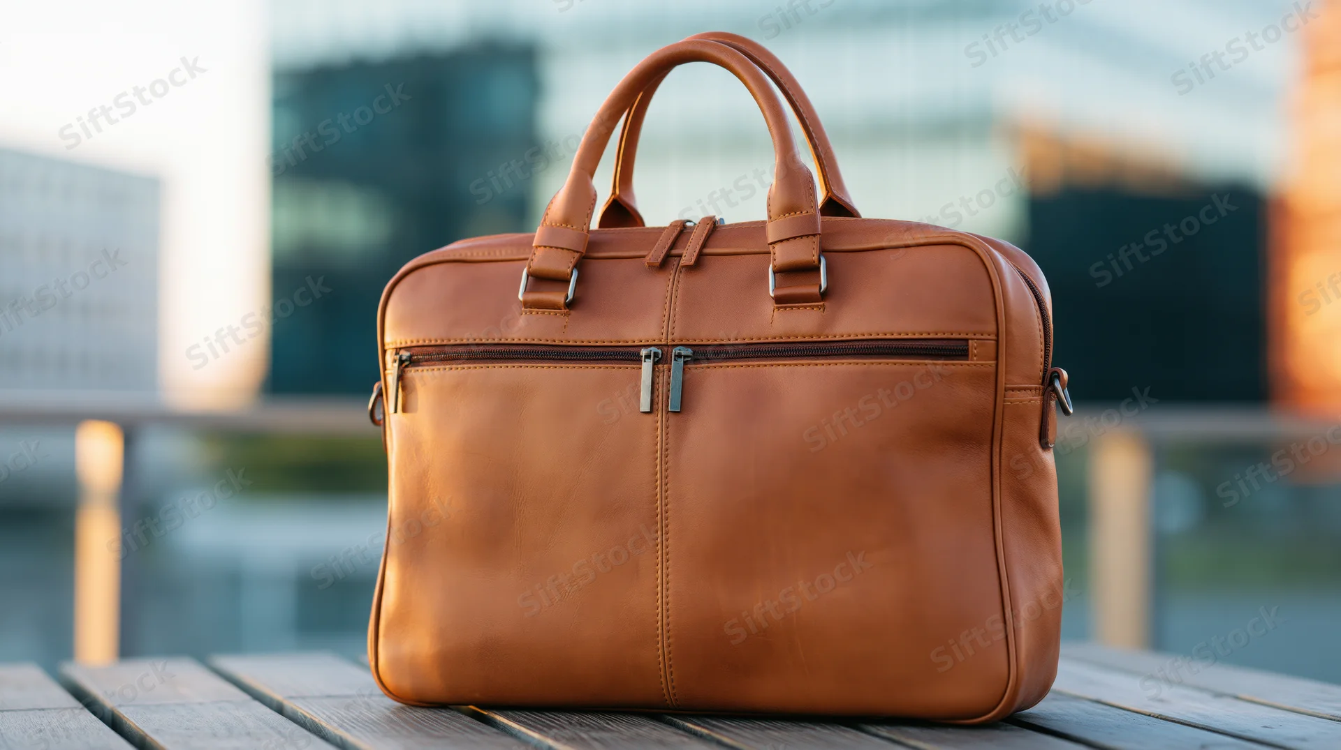 Brown leather briefcase sitting upright on wooden outdoor table with city buildings in background