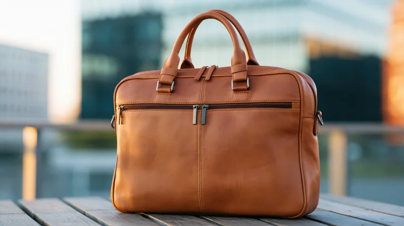 Brown leather briefcase sitting upright on wooden outdoor table with city buildings in background