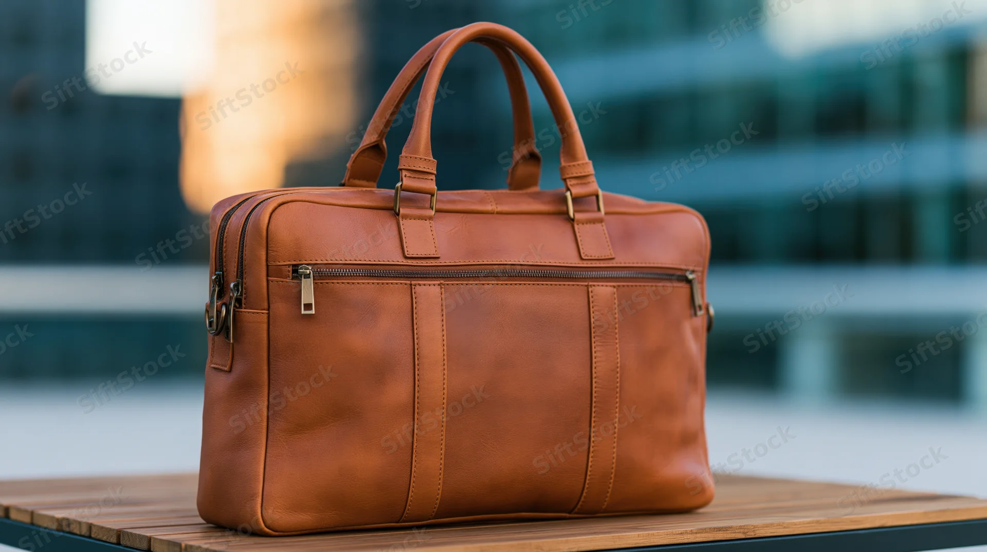 Brown leather briefcase sitting upright on wooden outdoor table with city building background