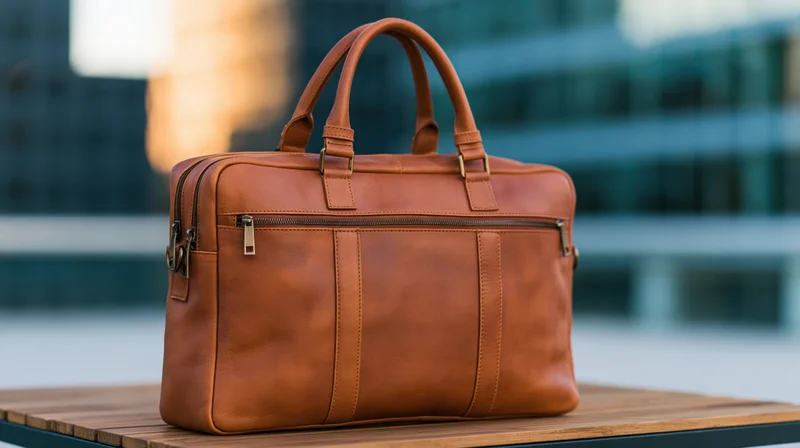 Brown leather briefcase sitting upright on wooden outdoor table with city building background