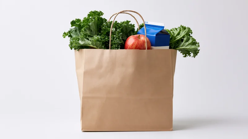 Brown paper grocery bag filled with fresh kale and a red apple on white background