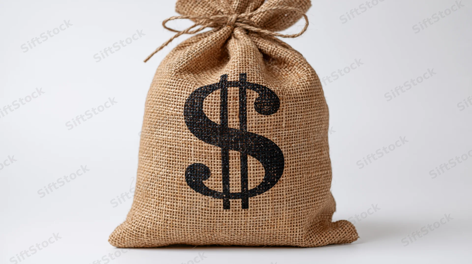 Burlap money bag with black dollar symbol tied at top on white background