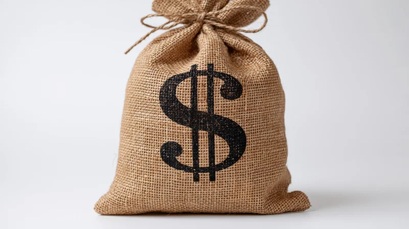 Burlap money bag with black dollar symbol tied at top on white background