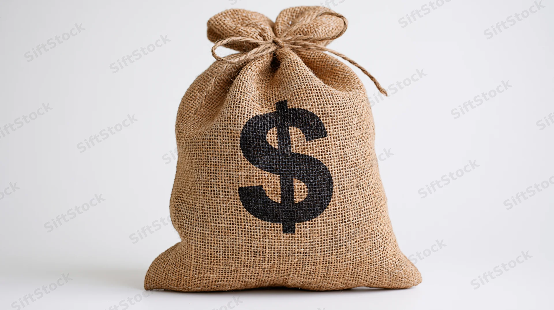 Burlap money bag with black dollar symbol tied at top on white background