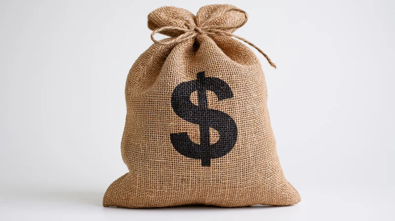 Burlap money bag with black dollar symbol tied at top on white background