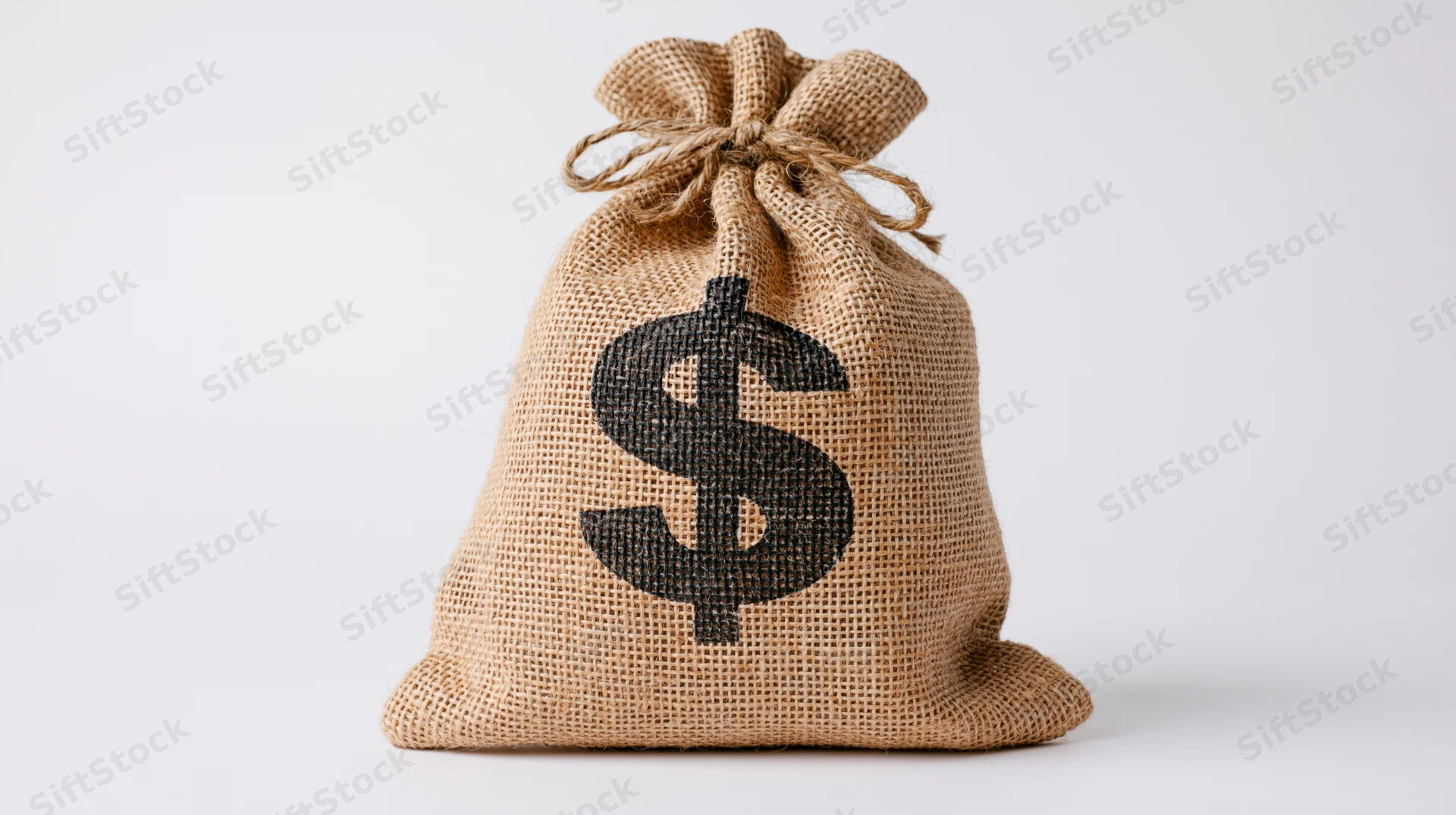 Burlap money bag with black dollar symbol tied at top on white background