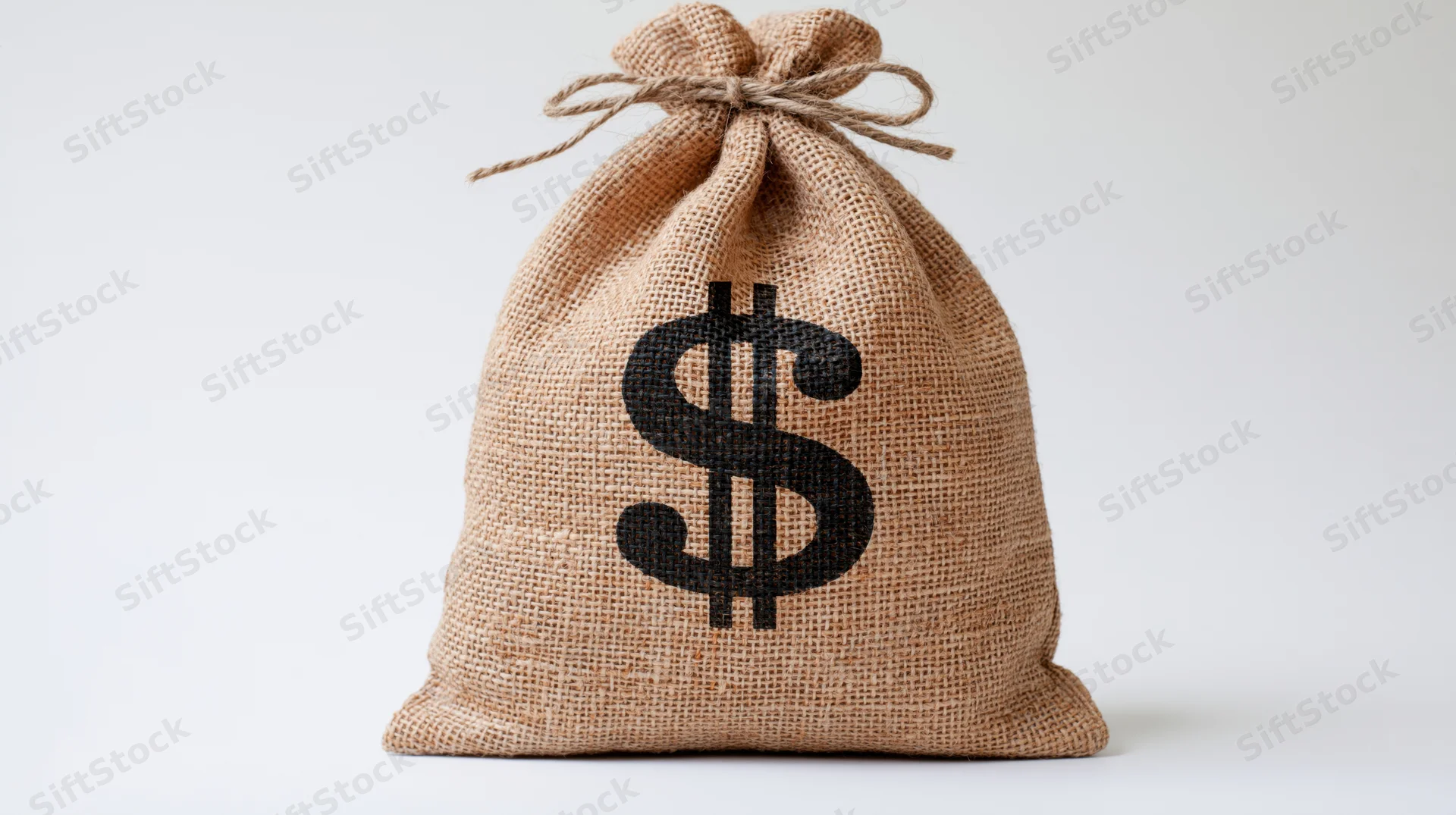 Burlap money bag with black dollar sign tied with twine on white background