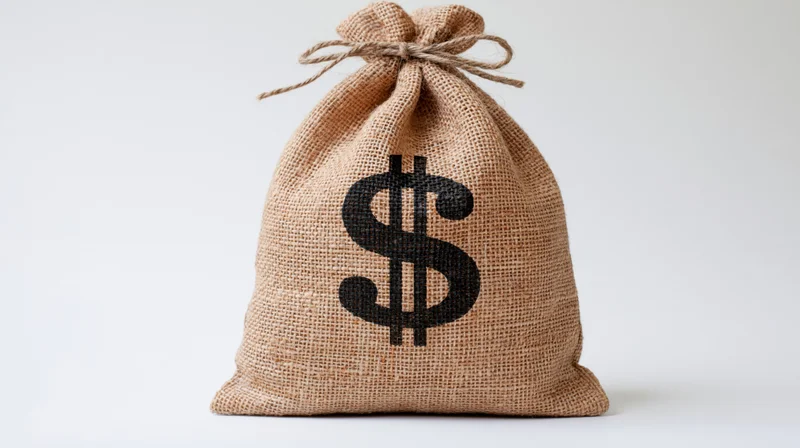Burlap money bag with black dollar sign tied with twine on white background