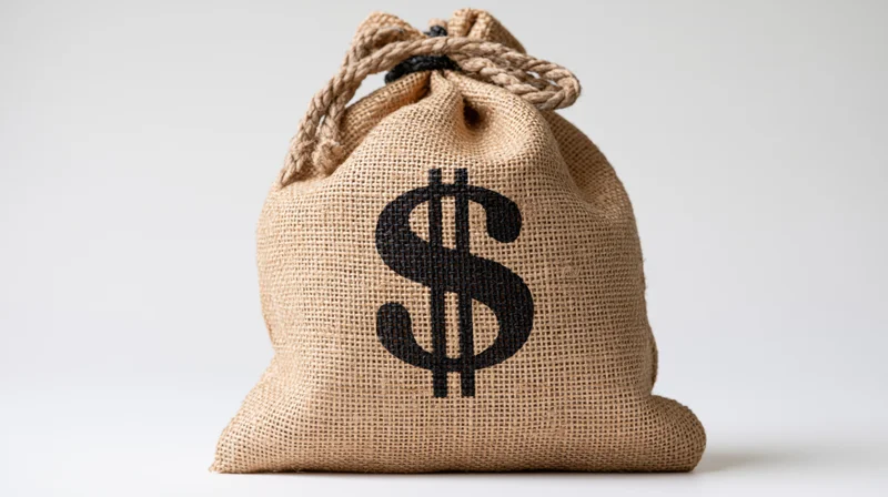 Burlap money bag with dollar symbol tied with rope on white background