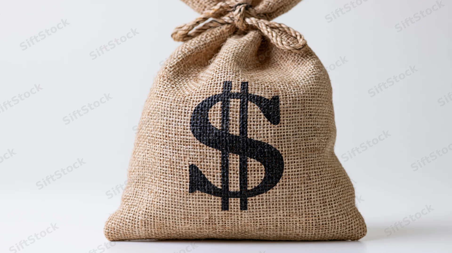 Burlap money bag with dollar symbol tied at top on white background