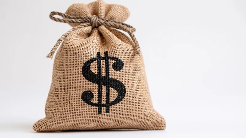 Burlap money bag with dollar symbol tied with rope on white background