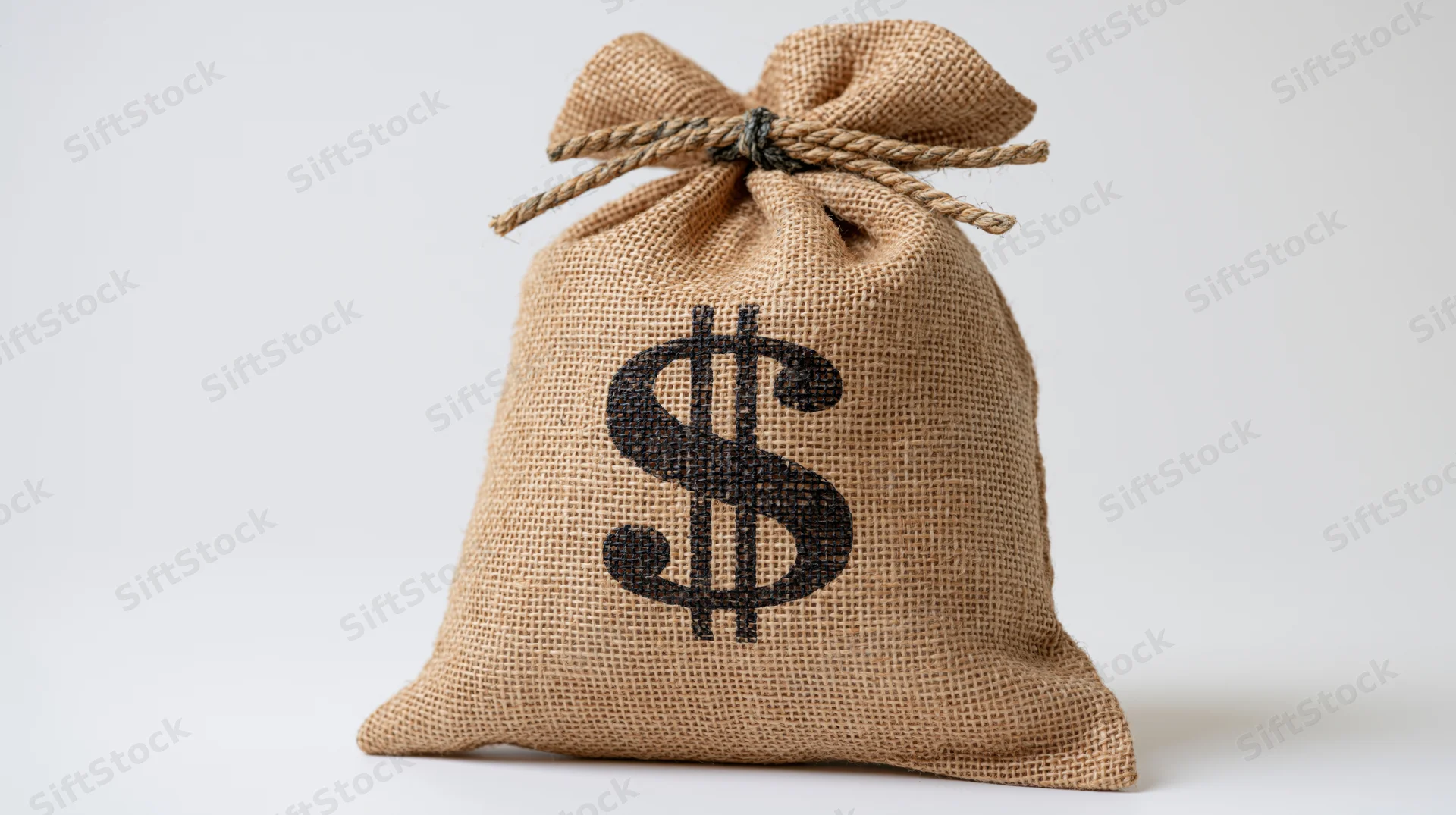 Burlap money bag with dollar symbol tied with rope on white background