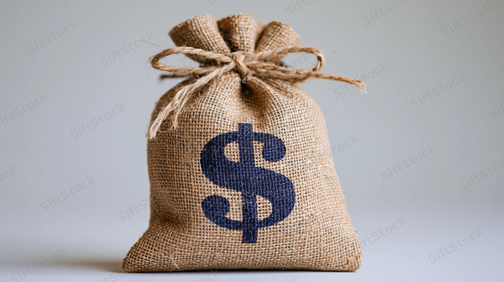 Burlap sack with printed dollar sign tied at top on plain background