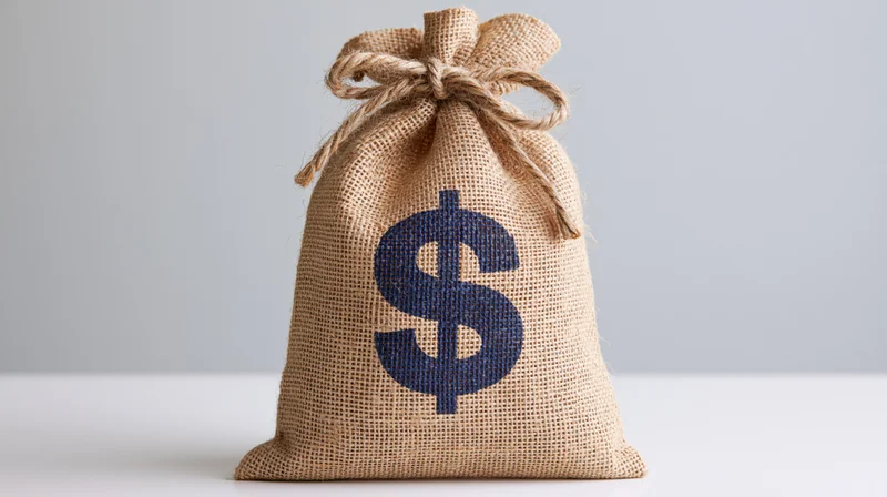 Burlap money bag with blue dollar sign on white background