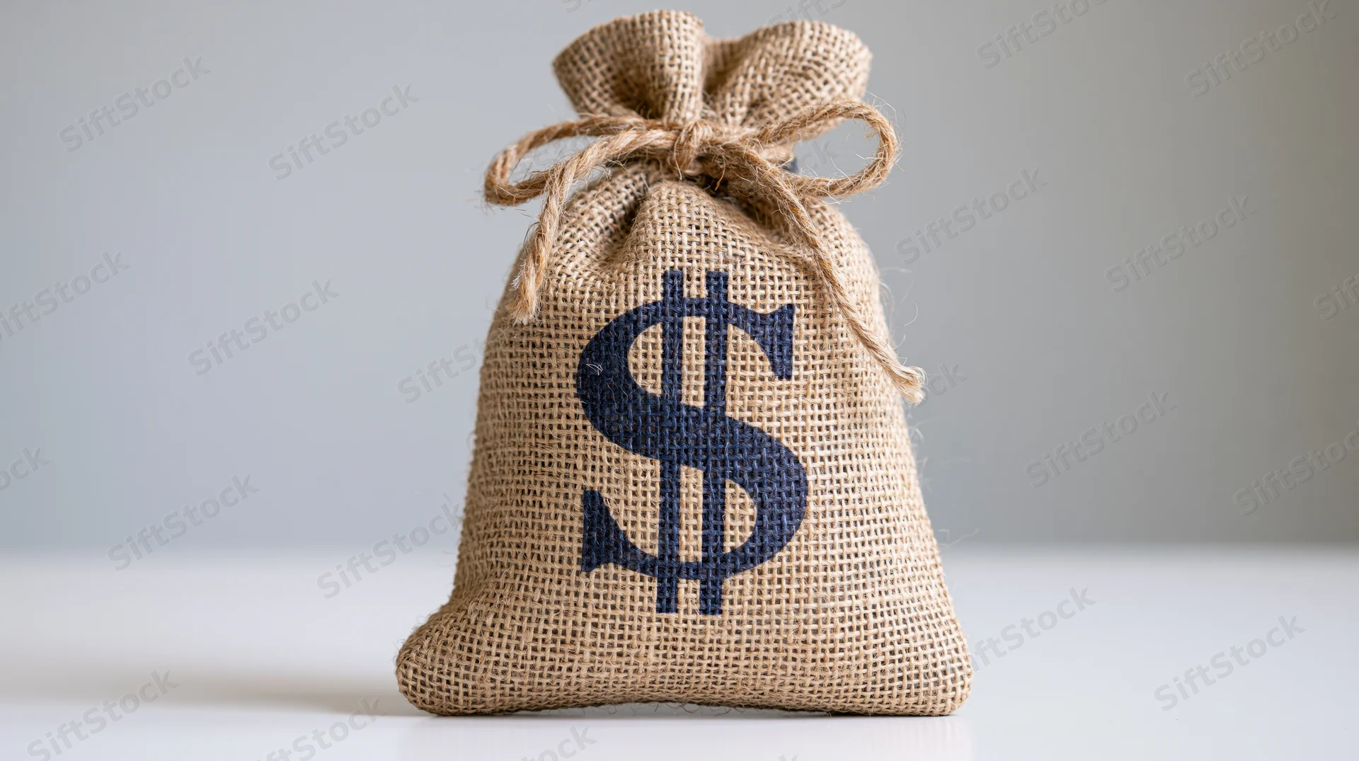Burlap money bag with printed dollar sign on white surface